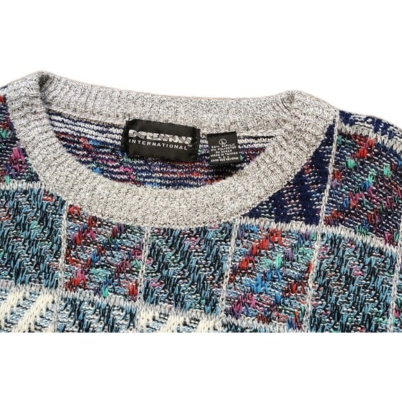 Mens 80s Geometric Patchwork Knit Sweater L Abstract Retro Pattern Grandpa - Picture 3 of 9